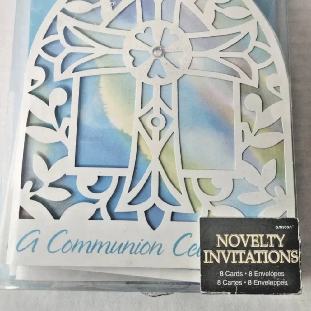 Vintage First Communion Invitations Laser Cut Blue Stained Glass Cross Sealed